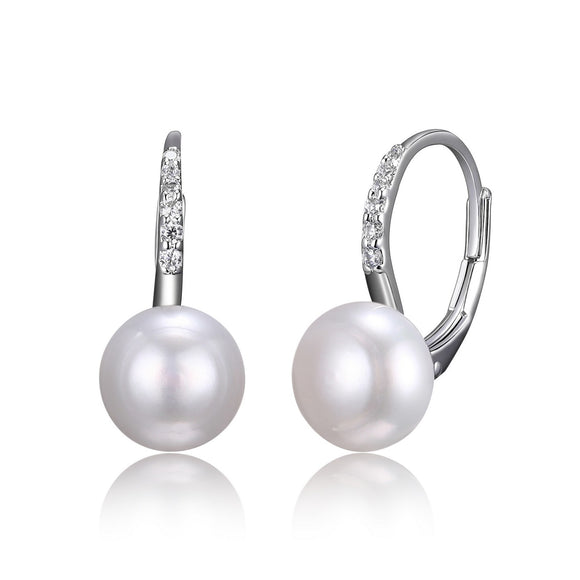 Sterling Silver Lever Back Earrings with Genuine Pearl and CZ