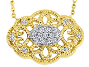10K Yellow Gold Diamond Oval Filigree Fixed Pendant with 16"-18" Chain