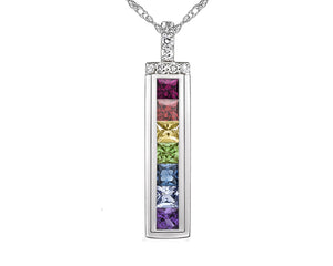 10K White Gold "Rainbow" Sapphire Stuck Pendant with Diamonds & 17-18" Chain