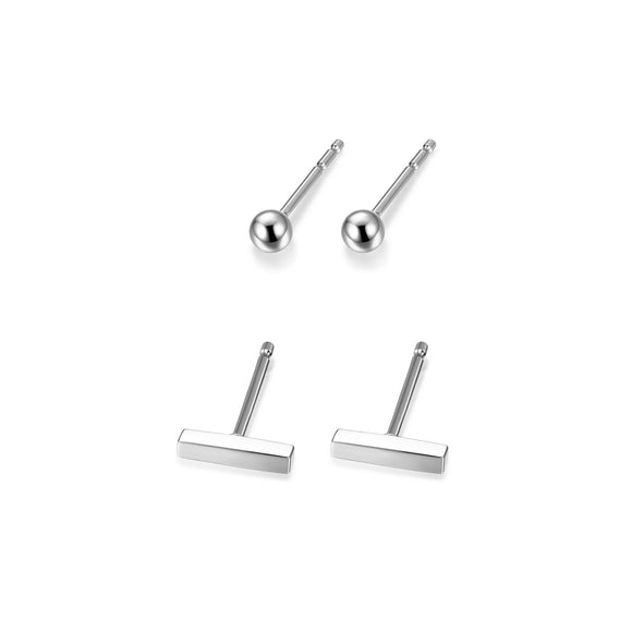 Sterling Silver 2 Earring Set of 3MM Ball Studs and Bar Stud