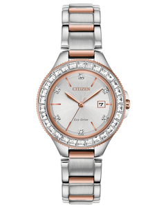 Citizen Ladies Eco-Drive Date WR50 Stainless Steel/ Rose Gold Plate Case and Bracelet with Crystal Markers and Bezel