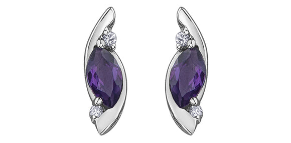 10K White Gold Marquise Amethyst with Diamond Stud Earrings