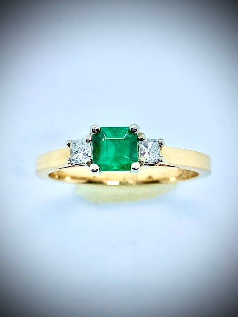 14K Yellow/White Gold Natural Square Emerald & Princess Cut Diamond Ring