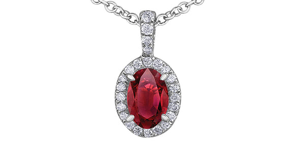 10K White Gold Oval Ruby with Diamond Pendant & 16-18