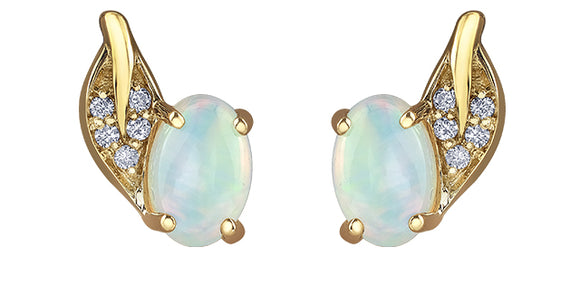 10K Yellow Gold Oval Opal with Diamonds Stud Earrings