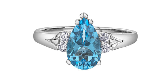 10K White Gold Pear Shaped Blue Topaz with Diamond Ring