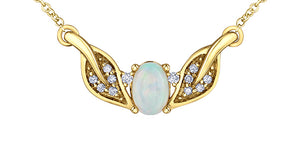10K Yellow Gold Oval Opal with Diamonds Fixed Pendant with 16-18" Chain