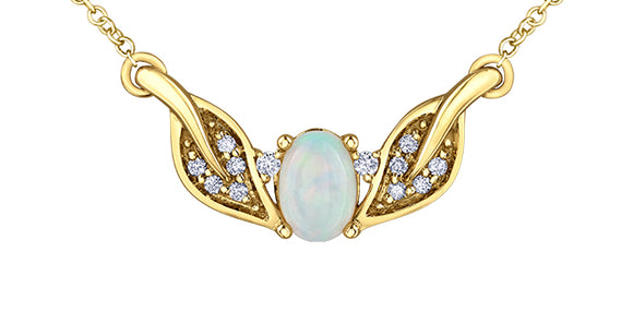 10K Yellow Gold Oval Opal with Diamonds Fixed Pendant with 16-18