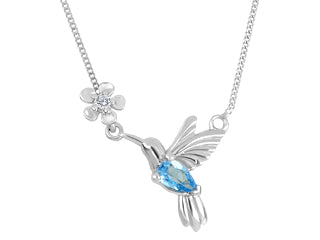 10K White Gold Pear Shape Blue Topaz Hummingbird Pendant with Canadian Diamond Flower Fixed Pendant & 16-18