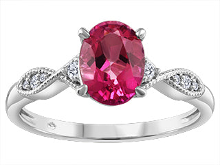 10K White Gold Oval Pink Topaz with Diamonds Ring