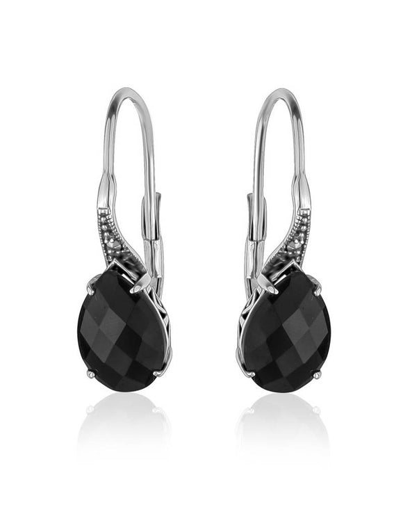 Sterling Silver Pear Shaped Black Spinel & Marcasites Lever Back Earrings