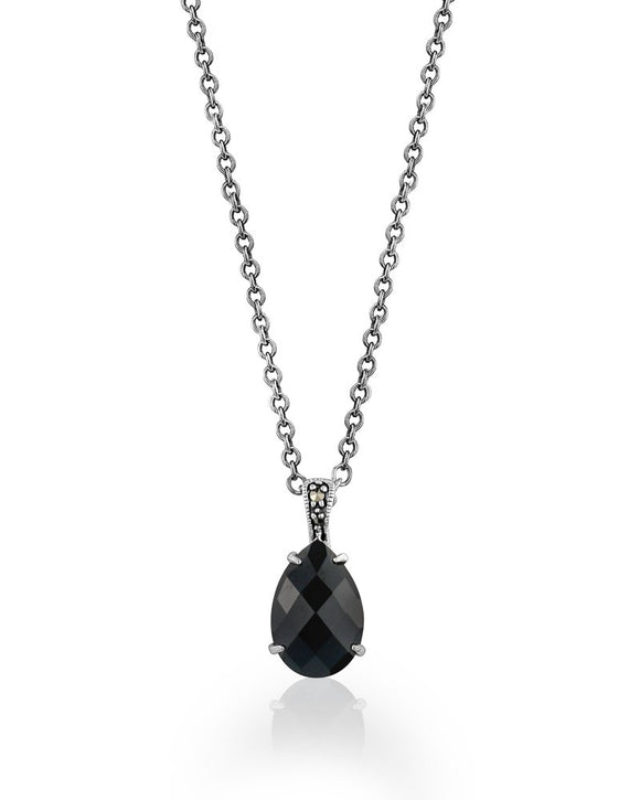 Sterling Silver Pear Shaped Black Spinel w/Marcasites Pendant & 16-18