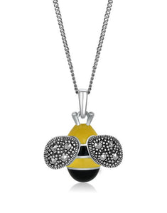 Sterling Silver Black & Yellow Enamel Bee Pendant with Marcasites & 16-18" Chain