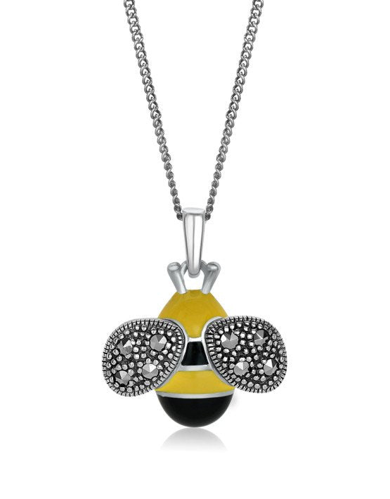 Sterling Silver Black & Yellow Enamel Bee Pendant with Marcasites & 16-18