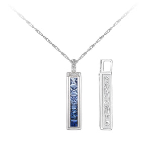 10K White Gold Blue Sapphire Stick Pendant with Diamonds and 17-18" Chain