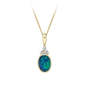 10K Yellow Gold Oval Opal Doublet with Diamonds Pendant & 17-18" Chain