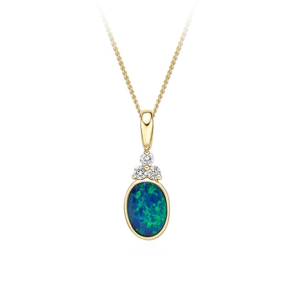 10K Yellow Gold Oval Opal Doublet with Diamonds Pendant & 17-18