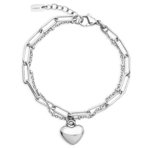 Steelx Stainless Steel Double Strand Bracelet with Heart Charm 7" + 1"