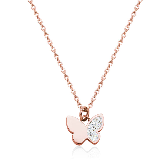 Steelx Stainless Steel/Rose Gold Plated Crystal Butterfly Pendant with 16