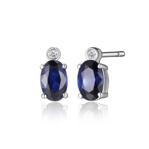 Elle Sterling Silver "Blue Star" Created Oval Blue Sapphires with Lab Grown Diamond Accents Stud Earrings