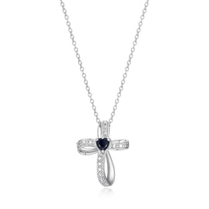 Sterling Silver 4mm Heart Shaped Blue Sapphire & Diamond Accents Cross with 18" Cable Chain