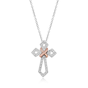 Sterling Silver/Rose Gold Plate with Diamond Accents Cross & 18" Cable Chain