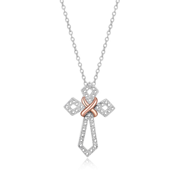Sterling Silver/Rose Gold Plate with Diamond Accents Cross & 18