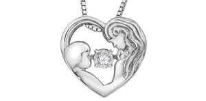 Sterling Silver Mother with Child  Heart Pulse Pendant with 18" Chain