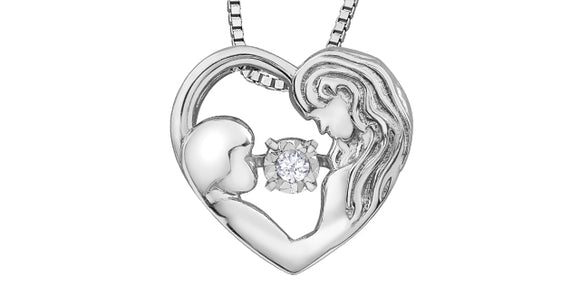 Sterling Silver Mother with Child  Heart Pulse Pendant with 18