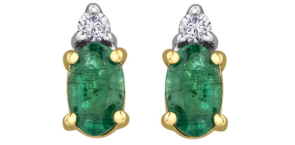 10K Yellow Gold Oval Emerald with Diamond Stud Earrings