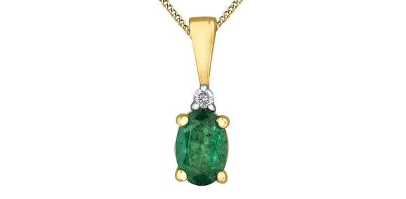 10K Yellow Gold Oval Emerald with Diamond Pendant & 18