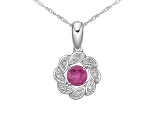 10K White Gold Pink Sapphire with Diamond "Flower" & 17"-18" Chain