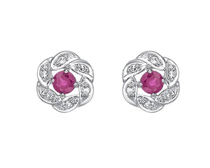 10K White Gold Pink Sapphire with Diamond "Flower"Stud Earrings