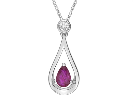 10K White Gold 6x4mm Pear Shaped Ruby with Diamond Pendant & 17