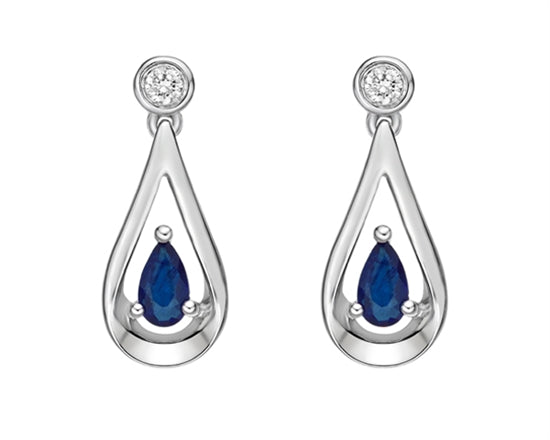 10K White Gold 5x3mm Blue Sapphire with Diamond Drop Stud Earrings