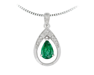 10K White Gold Pear Shaped Emerald with Diamond Pendant & 17"-18" Chain