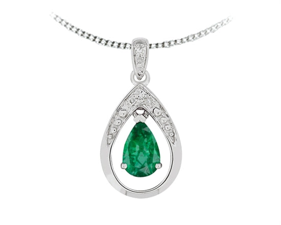 10K White Gold Pear Shaped Emerald with Diamond Pendant & 17
