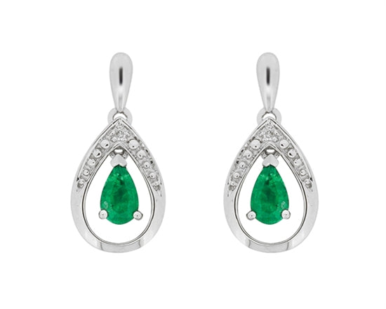 10K White Gold Pear Shaped Emerald with Diamond Drop Stud Earrings