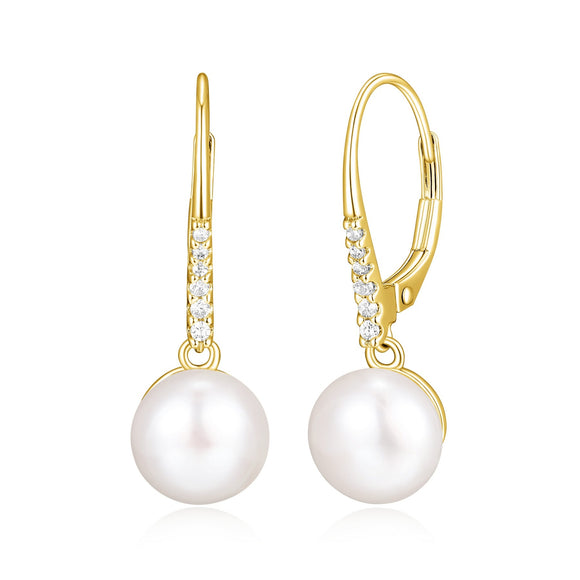 Sterling Silver/Yellow Gold Plate 8.5-9mm Genuine Pearl & CZ Lever Back Earrings