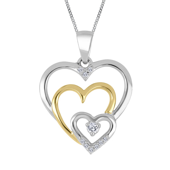 10K White/Yellow Gold Triple Heart with Canadian Diamond & 9 Diamond Pendant with 16-18
