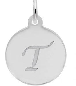 Sterling Silver Round Charm with Petite Script "T"