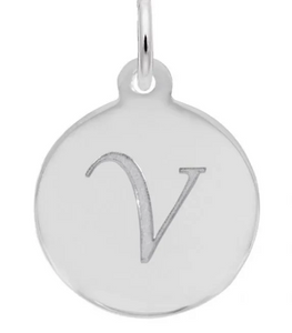 Sterling Silver Round Charm with Petite Script "V"