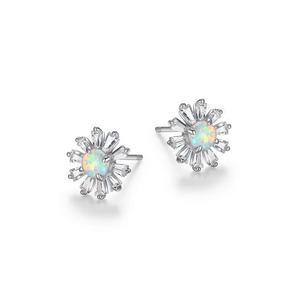 Sterling Silver Crated Opal and Tapered Baguette CZ  Flower Stud Earrings