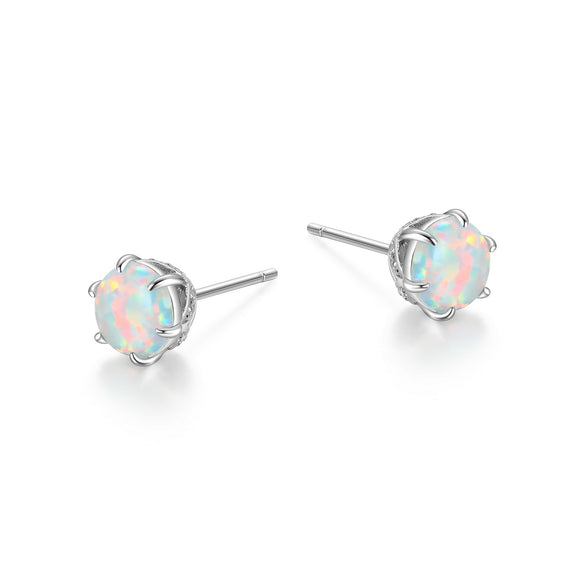 Sterling Silver 7mm Created Opal and CZ Stud Earrings