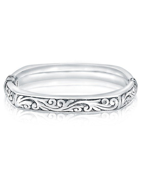 Sterling Silver Electroform Antiqued Swirl Design Hinged Bangle