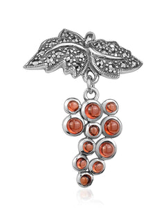 Sterling Silver Cabochon Garnet "Grapes" with Marcasites Brooch & Pendant with 18" Chain