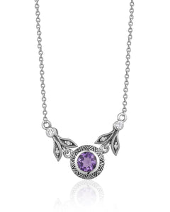 Sterling Silver Fixed Amethyst & CZ Necklace 16-18"
