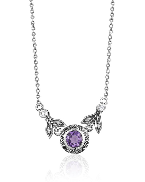 Sterling Silver Fixed Amethyst & CZ Necklace 16-18