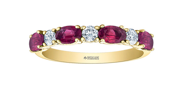 14K Yellow Gold 4 Oval Rubies and Canadian Diamond Ring