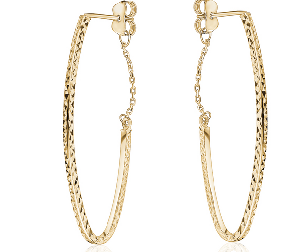 10K Yellow Gold D/C Oval Stud Hoop with Chain
